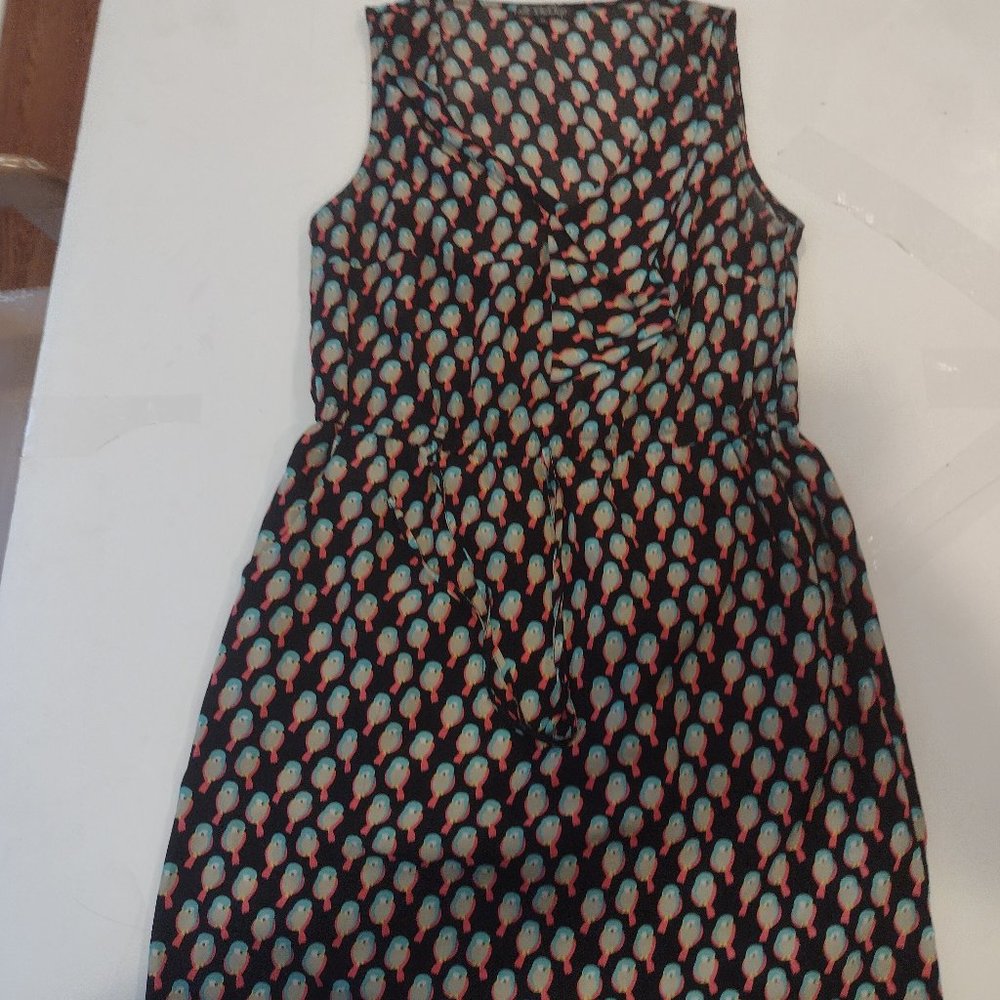 Bebop Bird Print Dress Black Sleeveless Pockets M